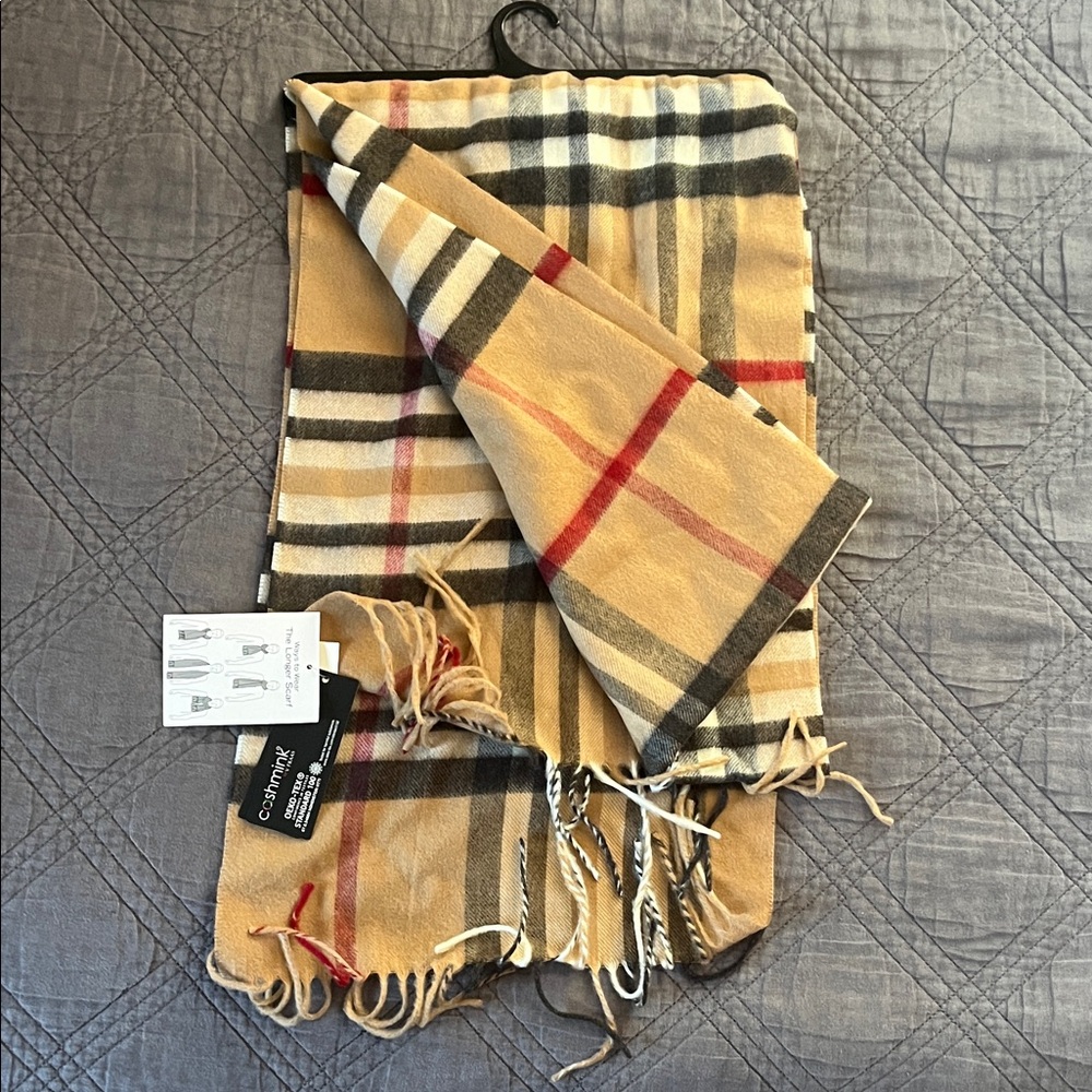 Cashmink Tan and Red Plaid Scarf